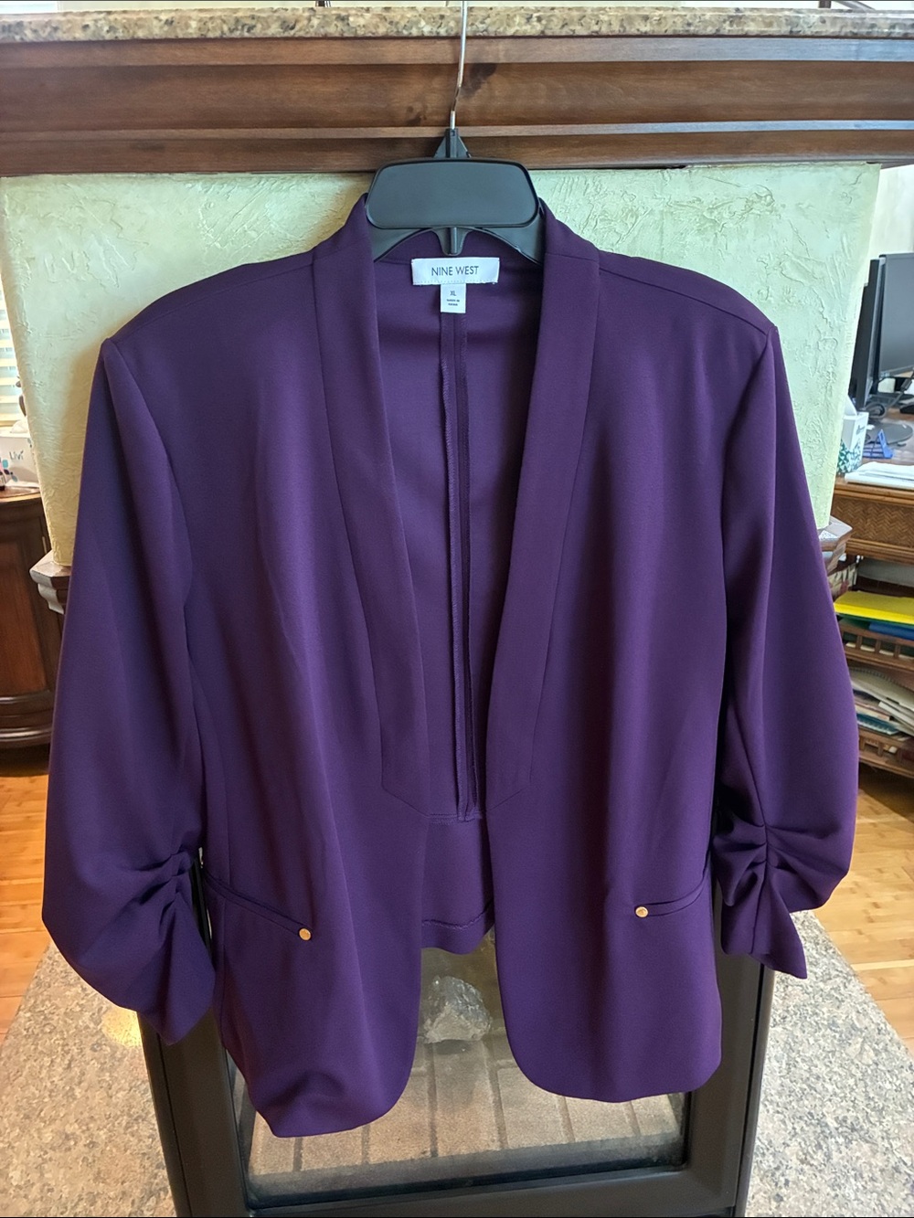 Nine West Purple Open-Front Blazer with Gathered Three-Quarter Sleeves